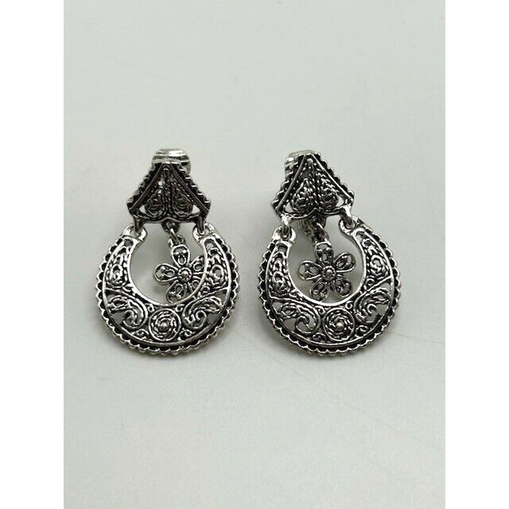 Silver Tone Dangle Flower Filigree Drop Circle Clip‎ On Earrings